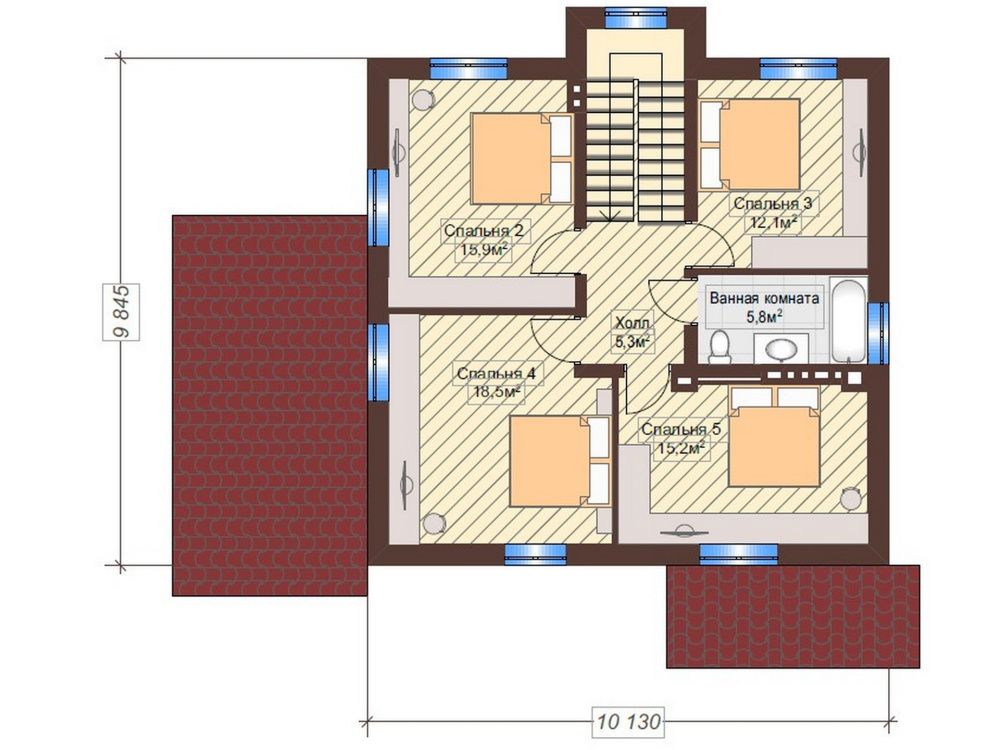 Проект 2 этажного дома с 5 спальнями
