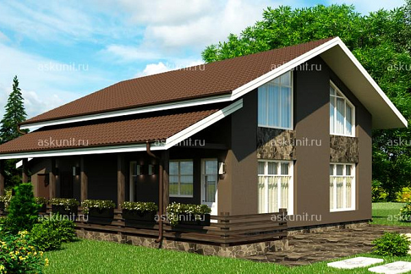 Индивидуальный проект двухэтажного дома с террасой и гаражом. Ландшафт - проектирование и строительство домов в Екатеринбурге